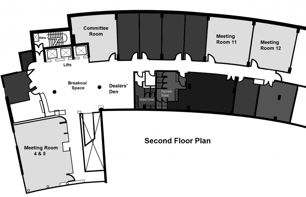 Plan of the second floor of the Crowne Plaza Blanchardstown hotel, laid out for Octocon 2019